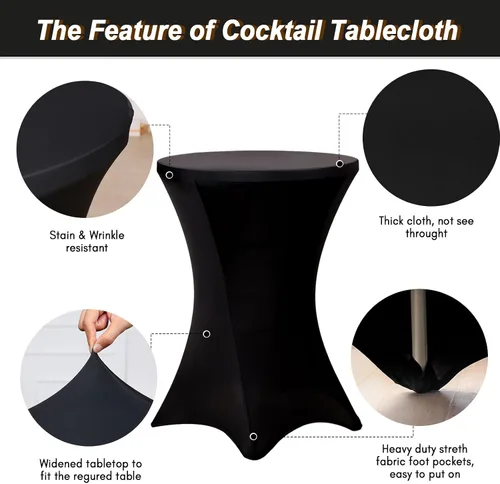 Vista 2 de Fixwal Mantel de cóctel, fundas para mesa de bar, paquete de 2 manteles redondos de 32 x 43 pulgadas, color negro, mantel elástico de elastano
