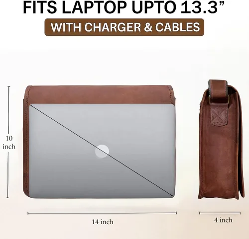 Vista 4 de RUSTIC TOWN Bolso mensajero de cuero de 14 pulgadas para hombres y mujeres – Bandolera satchel vintage de grano completo – Compatible con laptop