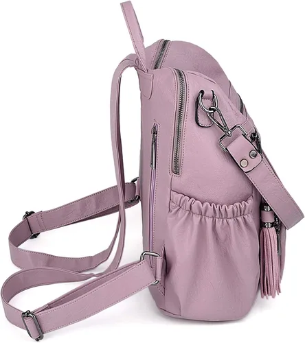 Vista 6 de UTO Mochila de cuero vegano para mujer, diseño de moda, convertible con borla, para viajes, con borla