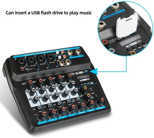 Vista 8 de Mezclador de audio, consola de mezcla de sonido, mezclador profesional, mezcla de potencia, USB para grabación/DJ/karaoke/escenario y estudio