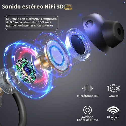 Vista 2 de Auriculares inalámbricos deportivos, Bluetooth 5.4, auriculares 3D Bass Hi-Fi estéreo sobre la oreja, auriculares con cancelación de ruido ENC de 60