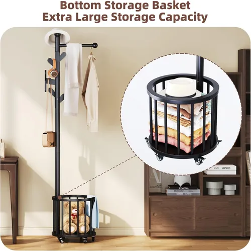 Vista 6 de CozyDH Perchero de madera con soporte para paraguas y ruedas, perchero independiente con múltiples ganchos, resistente para entrada, dormitorio