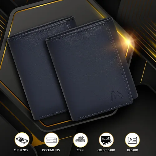 Vista 3 de Cartera de cuero RFID hecha a mano para hombres, elegante cartera de bolsillo frontal triple con 2 ranuras para identificación y 9 tarjetas, Azul