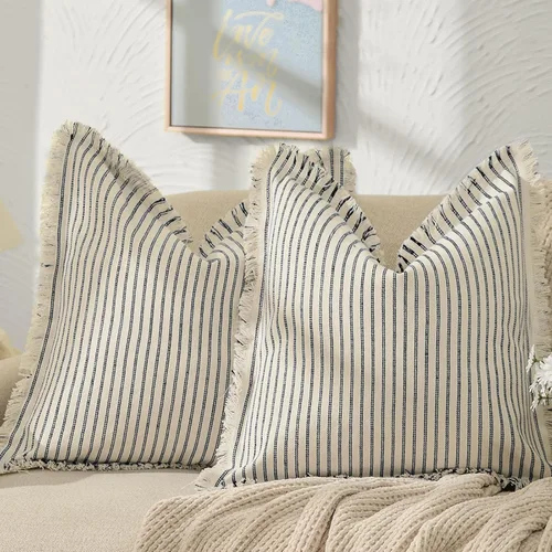 Vista 23 de Fundas de almohada ZWJD de 16 x 16 pulgadas, juego de 2 fundas de almohada a rayas con borlas, fundas de almohada de algodón chic, fundas de cojín