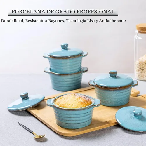 Vista 6 de Creme Brulee Ramekins de 8 onzas con tapas, cuencos aptos para horno para sopa de cebolla francesa, plato para soufflé, mini cazuela cubierta, juego