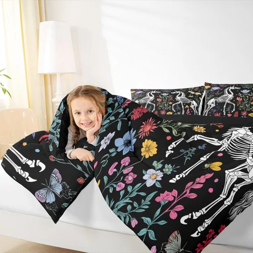 Vista 6 de Juego de edredón de polilla de la muerte, juego de ropa de cama tamaño individual, diseño de calavera gótica, flores botánicas, juego de edredón