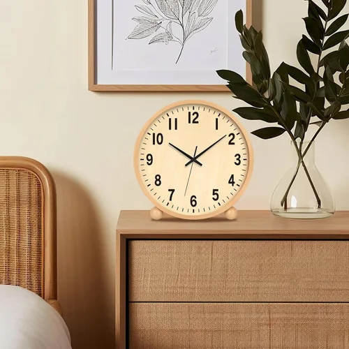 Vista 3 de Maxspace Reloj de mesa de madera, reloj de escritorio silencioso sin tictac de 8 pulgadas, funciona con pilas, reloj analógico de escritorio