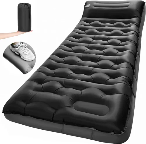 Vista 11 de Colchoneta de dormir para campamento, de 5.9 pulgadas de grosor, con almohada integrada y bomba de pie, almohadilla de dormir autoinflable