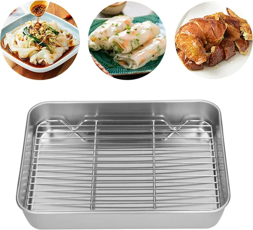 Vista 8 de Sartén para asar, bandeja rectangular para hornear y estante de acero inoxidable fácil para cocinar hornear (9.3 x 6.9 x 2.0 in)