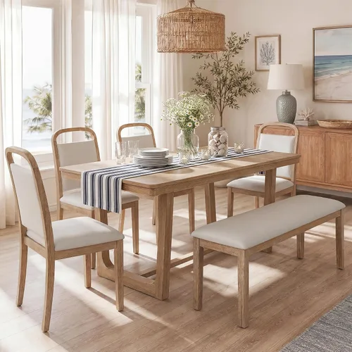 Vista 17 de Juego de mesa de comedor rústica de 6 piezas con mesa rectangular de caballete y 4 sillas tapizadas y banco, juego de mesa de comedor de cocina