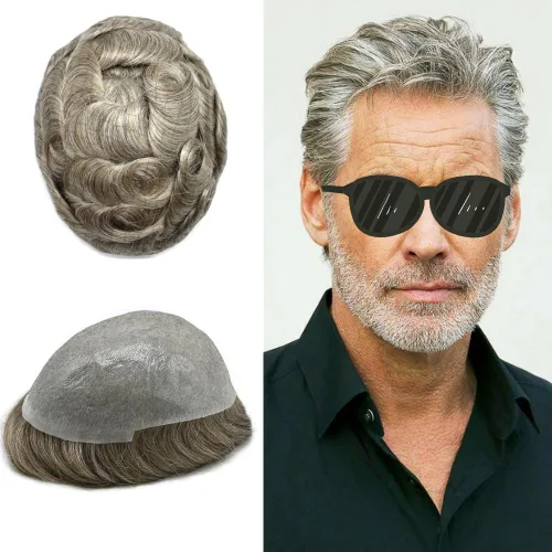 Vista 34 de Pieza de pelo para hombre, sistema de reemplazo de cabello de piel ultra fina para hombres, pieza de pelo de tupé para hombres, cabello humano real
