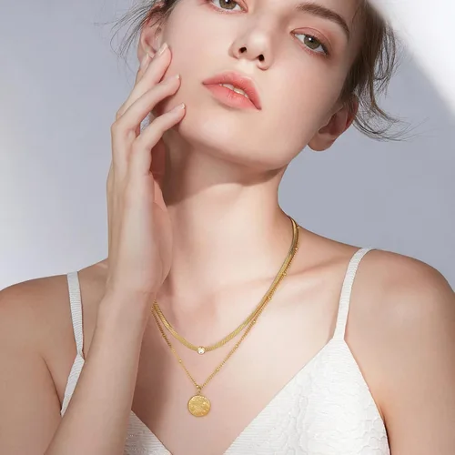 Vista 3 de Secroma Collares de oro en capas para mujer, collar de medallón de moneda de 16 quilates, gargantilla de cadena de serpiente, collar de acero