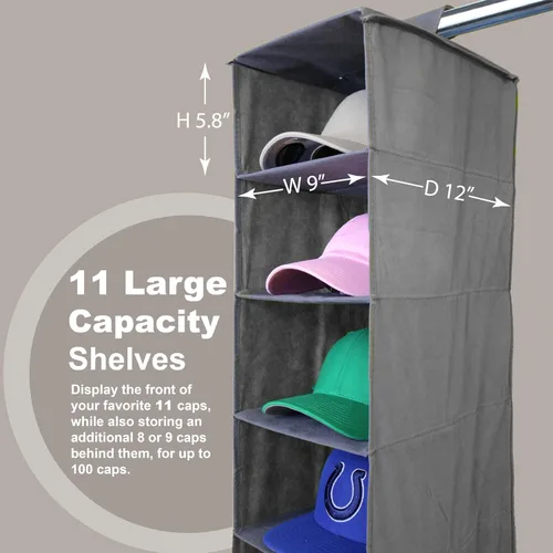 Vista 5 de Perfect Curve Organizador de sombreros de béisbol colgante de 11 bolsillos, estante de almacenamiento de sombreros grises para armario