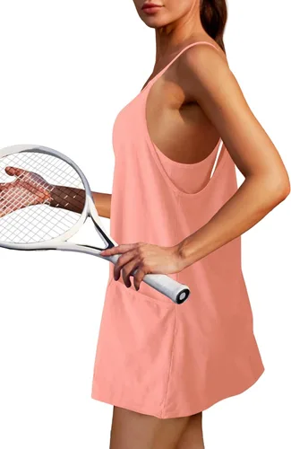 Vista 2 de Nirovien Vestido de tenis para mujer, mini vestido de entrenamiento con pantalones cortos, sin mangas, tirantes delgados, vestidos atléticos de golf