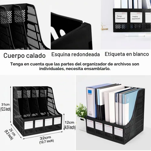 Vista 2 de SAYEEC Organizador de archivos de escritorio, 4 compartimentos, divisores verticales de archivos, marcos de libros, gabinete de documentos, caja