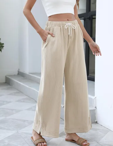 Vista 2 de Athlisan Pantalones Palazzo Holgados de Pierna Ancha para Mujer Casuales Sueltos con Cordón Cintura Elástica Pantalones de Descanso con Bolsillos