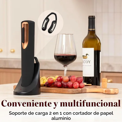 Vista 3 de Abrebotellas de vino eléctrico recargable, base de carga y cortador de papel de aluminio incluido con abridor automático de vino, sacacorchos Negro