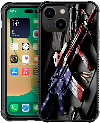Vista 47 de ZHEGAILIAN Funda compatible con iPhone 14, funda de munición AK 47, parte trasera de vidrio templado+funda protectora de TPU de silicona suave