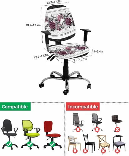 Vista 4 de Funda para silla de oficina, calavera de Halloween con rosa roja y negra, fundas para silla de oficina, funda elástica universal para silla