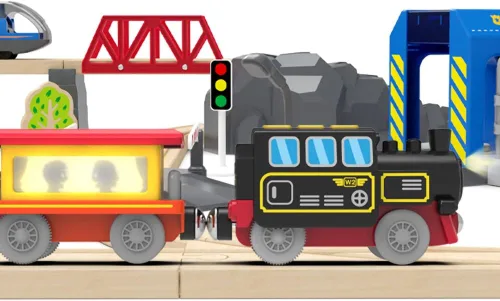Vista 9 de Tren a pilas para pistas de madera, juguetes de tren motorizado para juego de vías de ferrocarril, juguete de tren eléctrico con tren de control