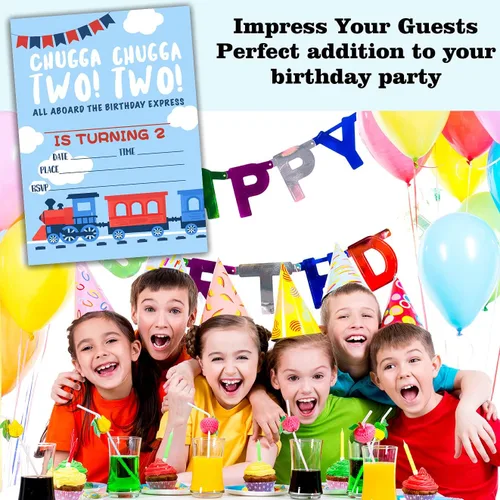 Vista 6 de Tarjetas de invitación para fiesta de cumpleaños, celebración de fiesta de tren de vapor, 2do cumpleaños Chugga Chugga Two Two Train, suministros