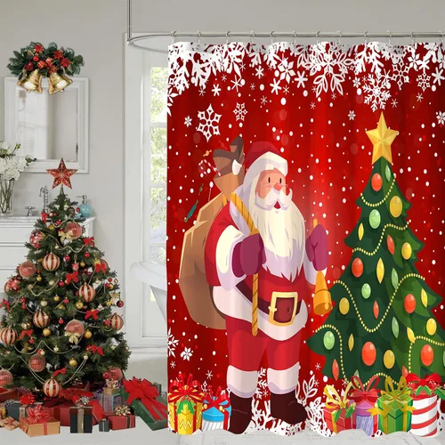 Vista 10 de Red Santa Claus Snowman Merry Christmas Happy New Year Shower Curtain for Bathroom, Holiday Xmas Bath Home Decor 72x72 Inch