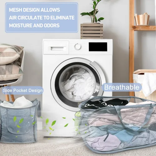 Vista 2 de 2 cestas de malla para la ropa sucia, canastas plegables para la ropa sucia, 75 litros, cesta de almacenamiento horizontal con bolsillo lateral