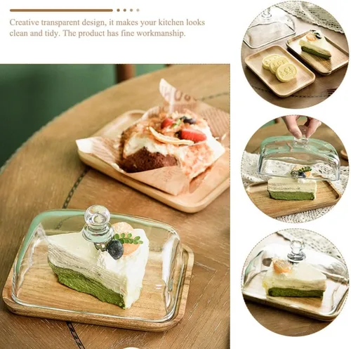 Vista 2 de Angoily Bandeja de comedor de vidrio de 7 pulgadas con cubierta de cúpula transparente para servir postres para el hogar, cocina y entretenimiento