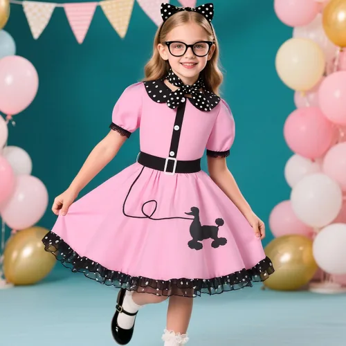 Vista 2 de 50s Costumes for Girls 50s Poodle Dress with Polka-Dot Printed Scarf for Kids Halloween Costume