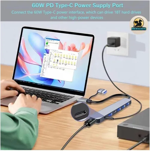 Vista 7 de MERAXES Hub USB-C y USB 7 en 1, adaptador multipuerto de aluminio con puertos USB-C, USB 3.0 y USB 2.0, estación de acoplamiento múltiple USB