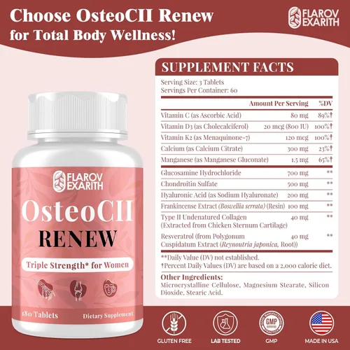 Vista 2 de Suplementos articulares para mujeres OsteoCII Renew Triple Strength - Fórmula avanzada para articulaciones, huesos y piel - colágeno, glucosamina