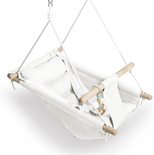 Vista 8 de Columpio para bebé interior y exterior, hamaca de lona para bebé a niño pequeño con asiento cómodo, juguete de madera Macaroon, arnés ajustable de 5