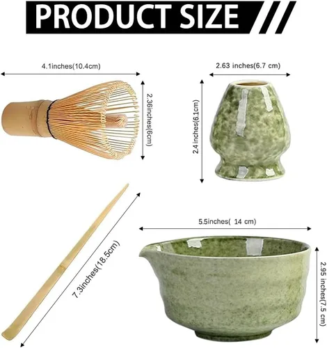 Vista 2 de Juego de matcha japonés, cuenco de 17 onzas con boquilla, batidor de bambú y cuchara, kit completo de 4 piezas para auténtica ceremonia de té