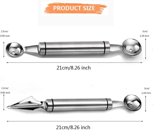 Vista 7 de 2 cucharas de melón Baller, formas de cortador de frutas de acero inoxidable, herramienta multifuncional para tallar cucharada de melón