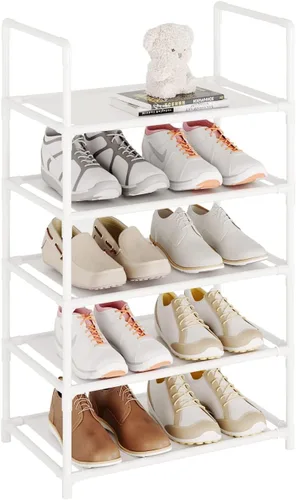 Vista 9 de Zapatero pequeño de 6 a 8 pares de estantes resistentes para zapatos de 4 niveles, organizador de zapatos estrecho apilable, estantes ligeros