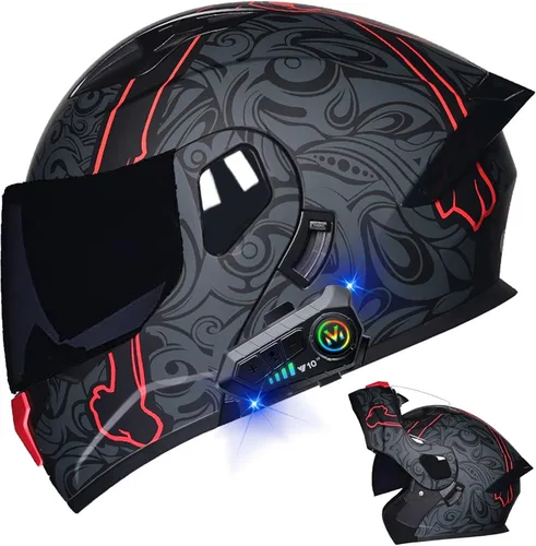 Vista 27 de Casco modular Bluetooth para motocicleta, aprobado por DOT, de cara completa, abatible, antivaho, doble visera, casco de motocicleta de calle, LENTE
