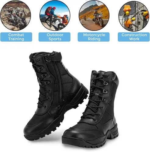 Vista 6 de WIDEWAY Botas de trabajo tácticas militares de 8 pulgadas con cremallera lateral ligeras de combate del ejército botas de trabajo duraderas