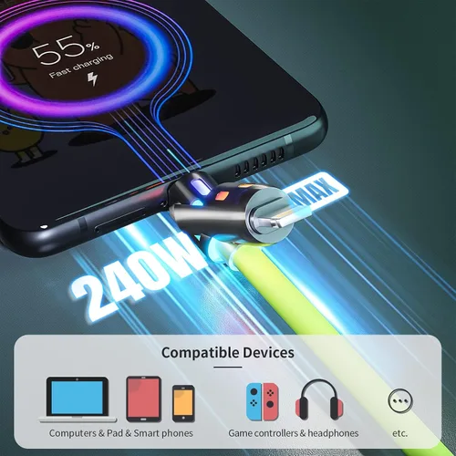 Vista 3 de Cable USB C a Lightning, cable de carga 4 en 1 de 240 W, 5 pies, cable de carga múltiple USB A/C a C/Lightning con luz para iPhone 16/15/14/13
