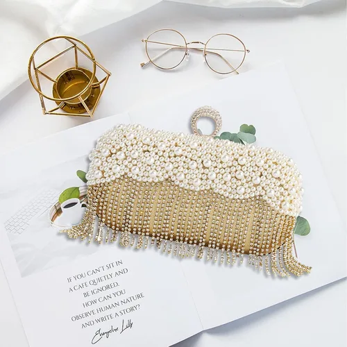Vista 6 de CORIOS Bolso de noche para mujer, bolso de mano de perlas con borlas de cristal, bolso de mano de diamantes de imitación