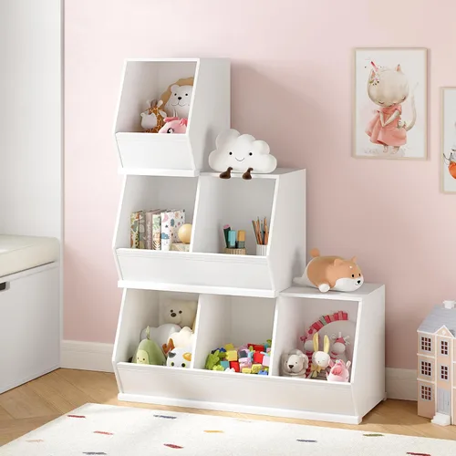 Vista 6 de UTEX Organizador de almacenamiento de juguetes para niños, gabinete de almacenamiento de juguetes apilable, organizador de juguetes de madera