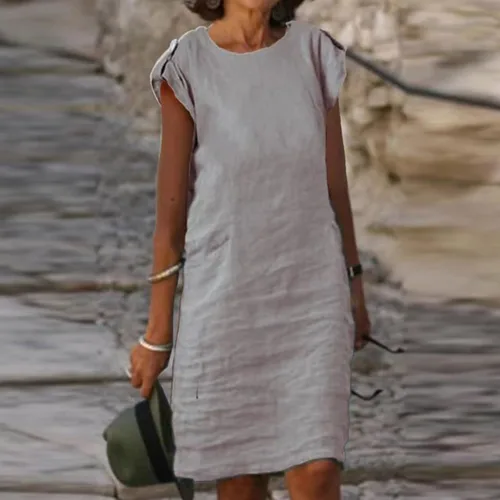 Vista 2 de Vestidos de lino de algodón para mujer, vestido midi de manga 34, estilo casual, holgado, de verano, a la moda, elegante, liso