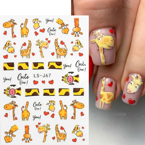 Vista 2 de 6 hojas de calcomanías de uñas de jirafa de dibujos animados 3D, calcomanías autoadhesivas lindas Kawaii para arte de uñas de pizza, bocadillos