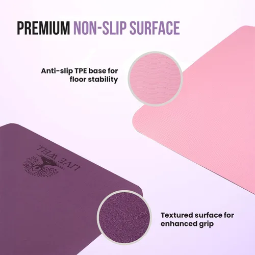 Vista 3 de Live Well - Tapete de yoga TPE para mujer, antideslizante, con correa, extra grueso de 0.236 pulgadas, color rosa, para entrenamiento en casa y uso