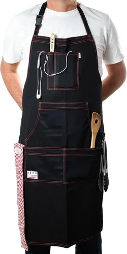 Vista 2 de BÖHM - Delantal de cocina profesional con bolsillos, trabillas para herramientas, correa ajustable para el cuello, algodón duradero de doble