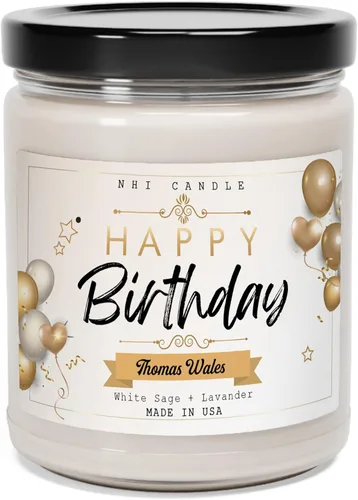 Vista 11 de NHI - Vela personalizada de feliz cumpleaños, vela con nombre personalizado, vela perfumada de cera de soja para el hogar, tarro transparente de 9