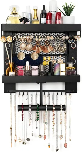 Vista 6 de Pinzoveco Organizador de joyas colgante montado en la pared con soporte organizador de joyas de pared para collares, pulsera, aretes, anillo (negro)