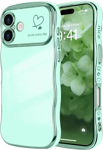 Vista 109 de LCHULLE - Funda para iPhone Air, linda para mujeres y niñas, con forma de onda, color azul bebé Luxury Plating Curly Wavy Frame with Love Heart