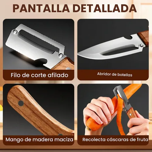 Vista 6 de Nuevo pelador de verduras multifuncional para cocina, con mango de madera y abridor de botellas, hoja de acero inoxidable ultra afilada para frutas