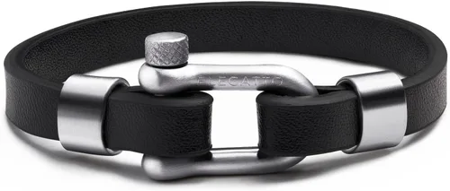 Vista 6 de Elegatto Morelle Pulsera de cuero premium para hombre Piel de grano entero color negro con cierre de grillete de acero inoxidable pulido
