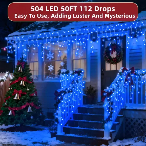 Vista 2 de 504 luces LED de Navidad para exteriores de 50 pies con 112 gotas, decoraciones de Navidad, luces colgantes de 12 modos, luces regulables para Azul